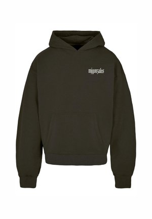 Hoodie court en vert olive foncé, fabriqué en tissu doux. Il possède une poche frontale et le texte blanc "mjgonzales" sur la poitrine.