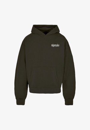 Tamsiai alyvuogių spalvos trumpas džemperis, pagamintas iš minkštos medžiagos. Yra priekinė kišenė ir baltas tekstas "mjgonzales" ant krūtinės.