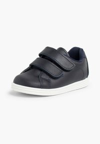 Tumesinine nahast laste king, millel on kaks Velcro rihma, valge kummist talla, ümar varvas ja peened tikandi detailid peal.