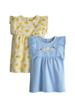 Gul kjole med hvide tusindfryd og bier, blå og hvidstribet kjole med broderi af tusindfryd og bie, begge ærmeløse med flæseærmer.