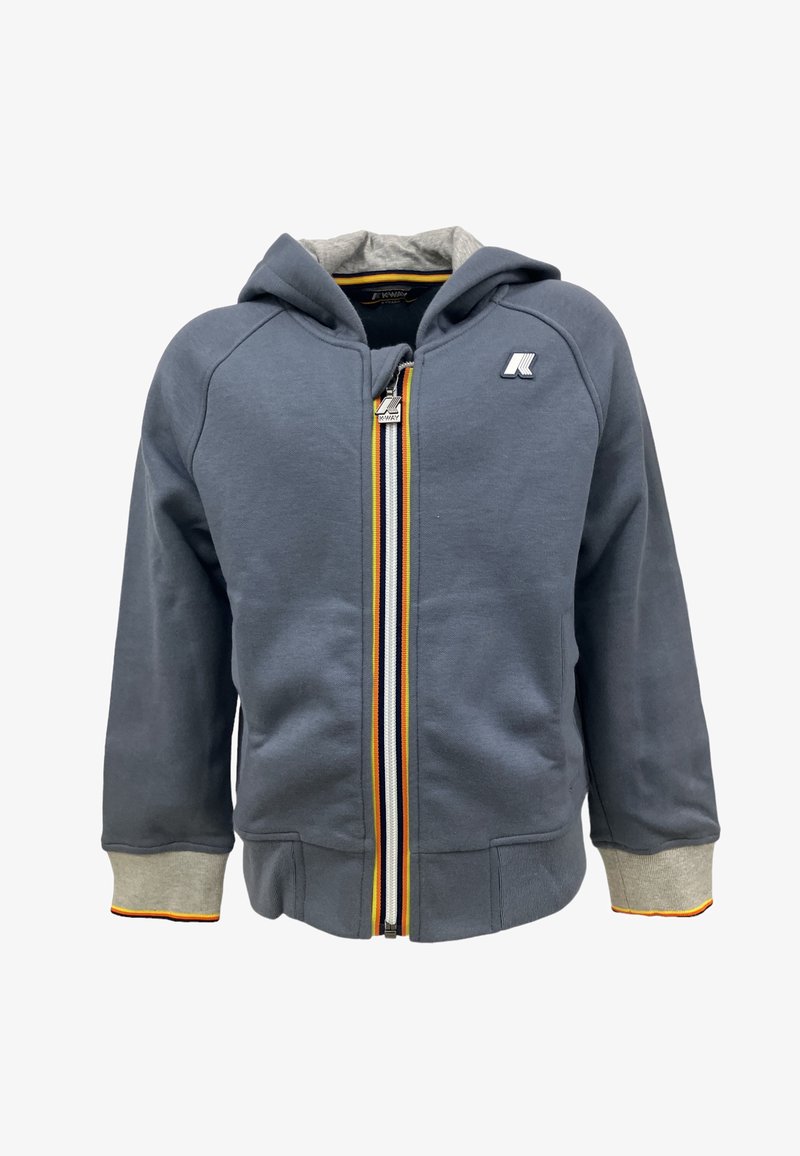 Felpa grigia con zip, con interno grigio, caratterizzata da una zip multicolore, polsini a costine e un piccolo logo sul petto.