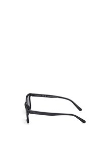 Gafas de sol rectangulares negras con acabado mate, hechas de 86% de plástico rPET, con varillas delgadas y un diseño elegante y minimalista.