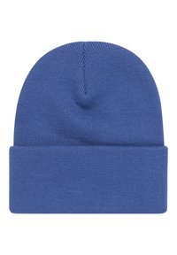 Berretto a maglia blu con una texture morbida, caratterizzato da un risvolto e una corona senza cuciture, realizzato in materiale elastico per una vestibilità aderente.