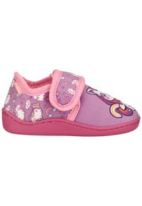 Chausson enfant rose et violet avec motifs licorne et arc-en-ciel, avec une bride auto-agrippante et une semelle rembourrée.