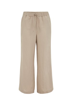 Béžové široké nohavice so elastickým pásom a šnúrkou, vyrobené z ľahkej tkaniny.