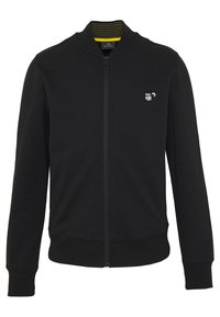 Černá mikina na zip vyrobená z měkké látky. Má pletený límec se žlutými pruhy a malé bílé logo opice na levé straně hrudi.