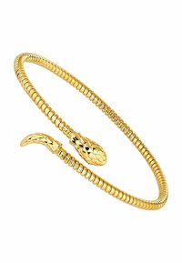 Brazalete de bangle con diseño de serpiente dorada que presenta una forma enrollada con escamas texturizadas y un acabado suave en los extremos de la cabeza y la cola.