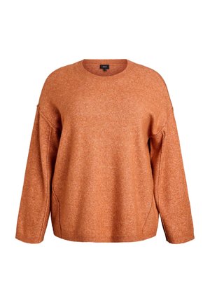 Suéter de punto naranja con cuello redondo, hombros caídos y una silueta relajada. Textura suave con sutiles variaciones de color.