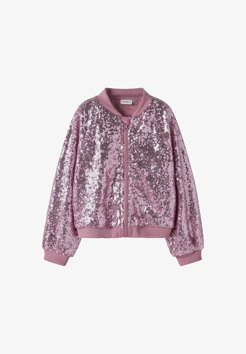 Rosa bomberjacka täckt av paljetter, med dragkedja framtill, ribbstickade manschetter och krage, samt en texturerad och glänsande yta.