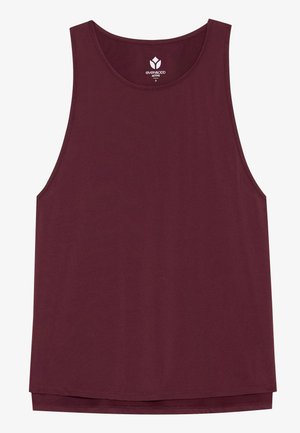 Bordeauxkleurig mouwloos tanktop van een zachte, gladde stof; heeft een ronde halslijn en een rechte zoom; minimale branding nabij de kraag.