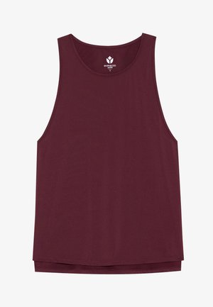 Bordeauxkleurig mouwloos tanktop van een zachte, gladde stof; heeft een ronde halslijn en een rechte zoom; minimale branding nabij de kraag.