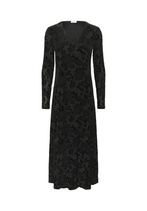 Rochie neagră cu mâneci lungi, cu decolteu în formă de V, având un model floral texturat pe întreaga suprafață și o siluetă fluidă, realizată dintr-un material moale.