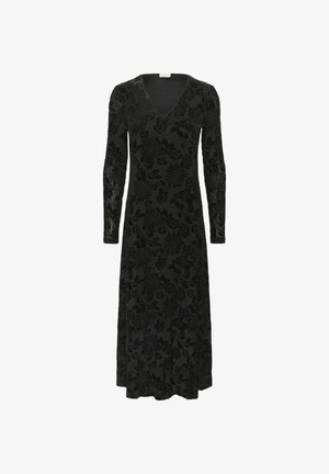 Abito nero a maniche lunghe con scollatura a V, caratterizzato da un motivo floreale testurizzato e una silhouette fluida, realizzato in un tessuto morbido.