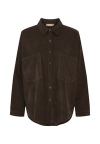 Mørkebrun kordfløjl button-up skjorte med lange ærmer, to store frontlommer og en klassisk krave.
