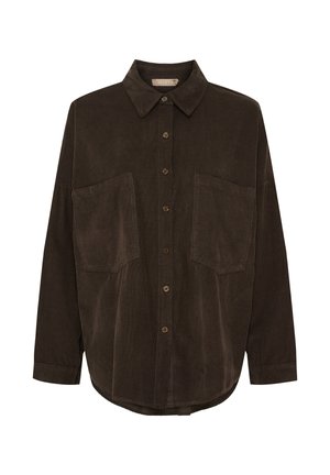 Mørkebrun kordfløjl button-up skjorte med lange ærmer, to store frontlommer og en klassisk krave.