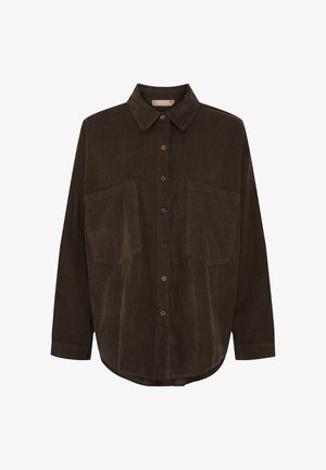 Mørkebrun kordfløjl button-up skjorte med lange ærmer, to store frontlommer og en klassisk krave.