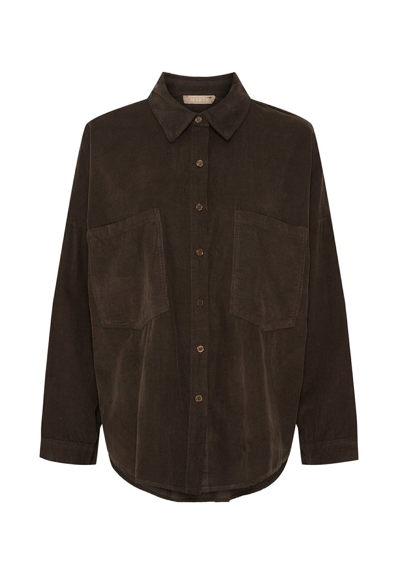 Mørkebrun kordfløjl button-up skjorte med lange ærmer, to store frontlommer og en klassisk krave.