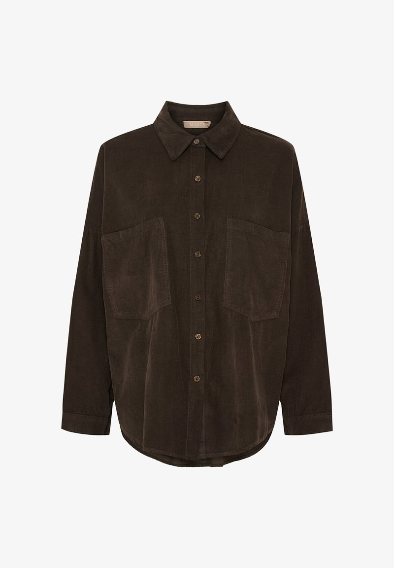 Mørkebrun kordfløjl button-up skjorte med lange ærmer, to store frontlommer og en klassisk krave.