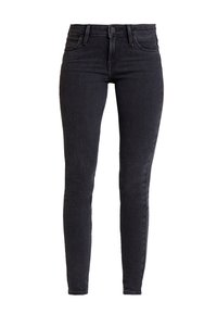 Pantalones vaqueros ajustados negros de denim, con una cintura alta, diseño clásico de cinco bolsillos y un sutil efecto de desgastado en la superficie.