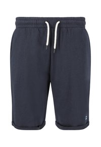 Tummansinisen väriset, pehmeästä kankaasta valmistetut shortsit, joissa on joustovyötärö kiristysnyöreillä, kääritty helma ja pieni logotaihe.