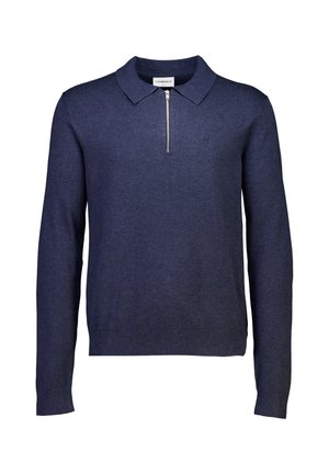 Camisa polo de manga larga azul marino con cuello con cremallera, hecha de tejido de punto, con puños acanalados y un sutil logo de la marca en el pecho.