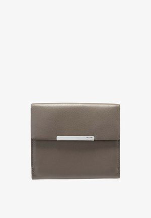 Gray leather wallet with a smooth texture, a flap closure, and a horizontal silver accent on the front. Compact and minimalistic design.