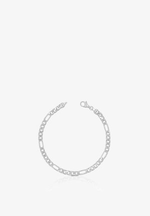 Silbernes Kettenarmband mit abwechselnden flachen und länglichen Gliedern, gesichert durch einen Karabinerverschluss, auf weißem Hintergrund mit Reflexion dargestellt.