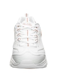 White athletic shoes with a textured upper, lace closures, rose gold accents, and a padded tongue. The sole is durable with a patterned tread.