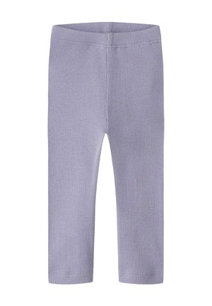 Legging bébé en maille côtelée lilas avec une taille élastique et des jambes droites, présenté à plat sur fond blanc.