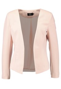 Blush pink blazer with a smooth, textured fabric, open front, and long sleeves. Simple, modern design with no visible closures or embellishments.