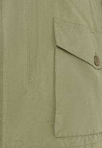 Hellgrüne Jacke mit glatter Textur, ausgestattet mit einer geknöpften Tasche und einem seitlichen Reißverschluss, entworfen für Funktionalität und Komfort.