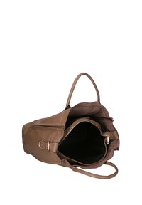 Borsa in pelle marrone con un ampio interno, dotata di chiusure a zip e a gancio, texture liscia e doppi manici per il trasporto.