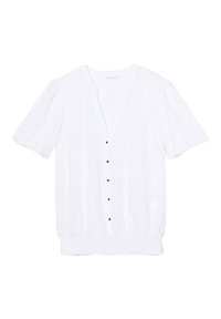 White short-sleeve cardigan with a textured pattern, five brown buttons down the front, and a gathered waist. Lightweight fabric.