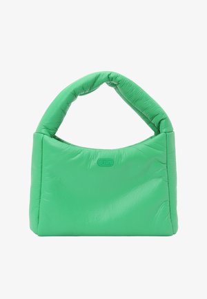 Vihreä toppattu käsilaukku, jossa on lyhyt, paksu kahva ja hillitty FILA-logo keskellä edessä valkoista taustaa vasten.