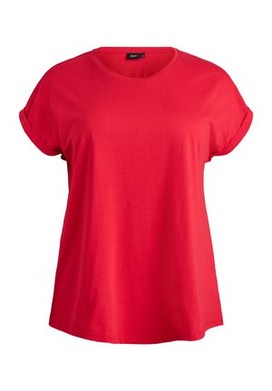 Sarkana īsroku T-krekls no mīksta kokvilnas. Tam ir apaļa kakla izgriezuma un apvērsti īsie piedurknes, kā arī brīvs piegriezums ērtībai.