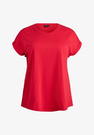 Rotes kurzärmliges T-Shirt aus weicher Baumwolle. Mit rundem Ausschnitt und aufgerollten Ärmeln, locker geschnitten für mehr Komfort.