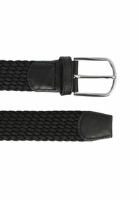 Mustavärisestä kudotusta kankaasta valmistettu vyö, jossa on sileä musta nahkapääte ja hopeinen suorakulmainen solki. Vyössä on teksturoitu kudontamalli.