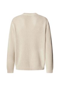 Cream-colored knitted sweater with long sleeves, ribbed cuffs, hem, and neckline, shown from the back against a white background.