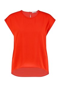 Blusa corta de manga corta de color rojo brillante con cuello redondo, corte holgado, dobladillo asimétrico y cierre de botón en forma de ojal en la parte posterior.
