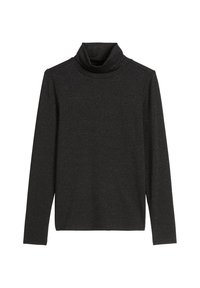 Schwarzes Rollkragen-Oberteil mit langen Ärmeln, aus strukturiertem, dehnbarem Stoff mit subtilen Glitzereffekten. Figurbetontes Design mit einem entspannten Kragen und geradem Saum.