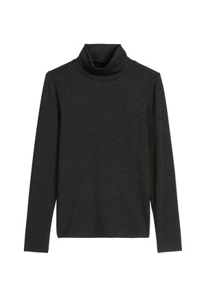 Schwarzes Rollkragen-Oberteil mit langen Ärmeln, aus strukturiertem, dehnbarem Stoff mit subtilen Glitzereffekten. Figurbetontes Design mit einem entspannten Kragen und geradem Saum.