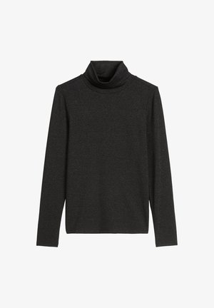 Schwarzes Rollkragen-Oberteil mit langen Ärmeln, aus strukturiertem, dehnbarem Stoff mit subtilen Glitzereffekten. Figurbetontes Design mit einem entspannten Kragen und geradem Saum.