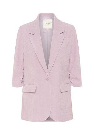 Light purple corduroy blazer with a notched lapel, single button closure, two front pockets, and gathered sleeves.