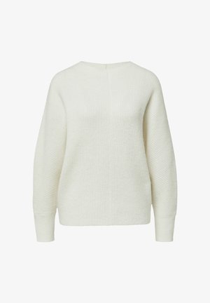 Kremowy prążkowany sweter z okrągłym dekoltem, opuszczonymi ramionami i długimi rękawami. Miękka tekstura z luźnym krojem.