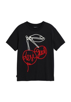 Black cotton t-shirt featuring a white and red line drawing of cherries and text. Short sleeves and crew neck design.