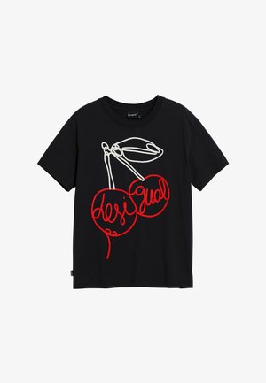 Fekete pamut póló, fehér és piros vonalrajzos cseresznyékkel és szöveggel. Rövid ujjú és kerek nyakú kivitel.