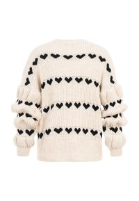 Krémový pletený svetr s černými srdíčkovými vzory uspořádanými v horizontálních řadách po celé délce těla a rukávů, s dlouhými, mírně nabíranými rukávy.
