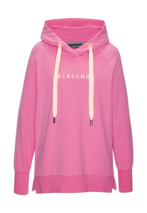 Sweat à capuche rose avec manches longues, poignets côtelés, cordons rose clair et texte "ELBSAND" sur la poitrine.