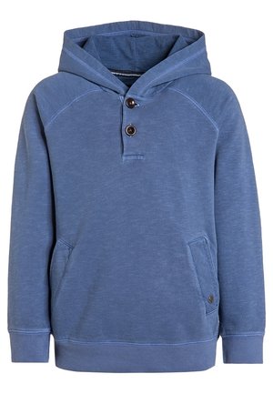 Niebieska bluza z kapturem wykonana z miękkiego materiału, z przednią kieszenią, dwoma guzikami przy kołnierzu oraz ściągaczami na mankietach i dole.