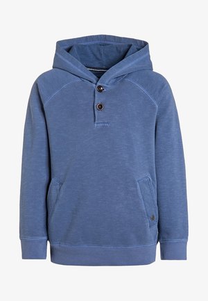 Sudadera con capucha azul hecha de tela suave, con un bolsillo frontal, dos botones en el cuello y puños y dobladillo acanalados.